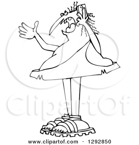 Clipart of a Chubby Black and White Caveman Gesturing and Shouting on a Cell Phone - Royalty Free Vector Illustration by djart
