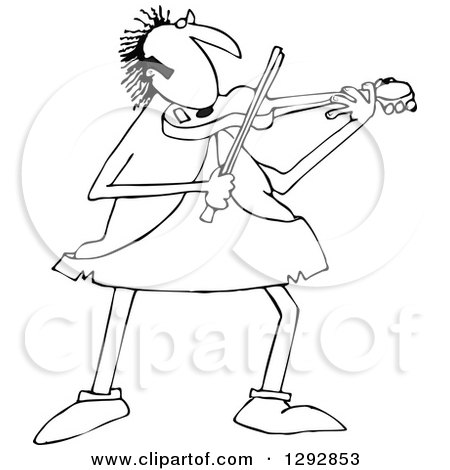 Clipart of a Chubby Black and White Sophisticated Caveman Playing a Violin - Royalty Free Vector Illustration by djart