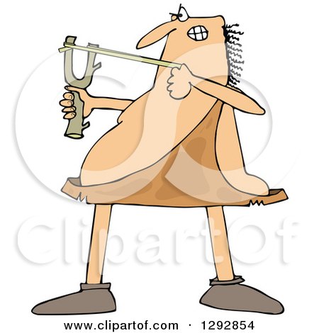 Clipart of a Chubby Caveman Focusing and Aiming a Slingshot - Royalty Free Vector Illustration by djart