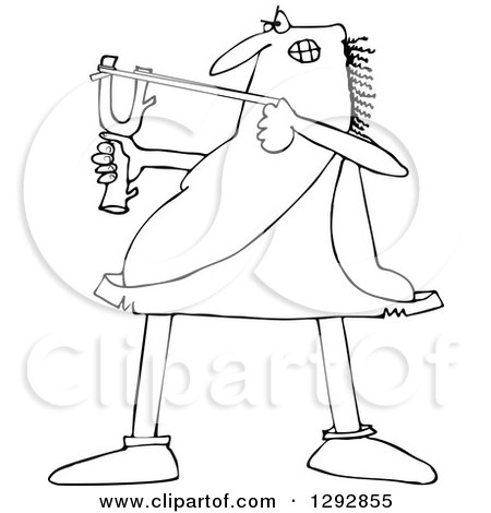 Clipart of a Chubby Black and White Caveman Focusing and Aiming a Slingshot - Royalty Free Vector Illustration by djart