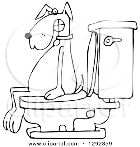 Clipart of a Black and White Dog Pooping on a Toilet - Royalty Free Vector Illustration by djart