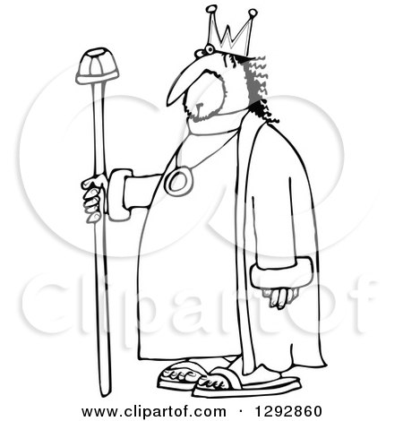 Clipart of a Chubby Black and White Male King with a Robe and Staff - Royalty Free Vector Illustration by djart