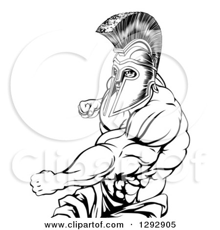 Clipart of a Black and White Muscular Strong Spartan Warrior Mascot Punching - Royalty Free Vector Illustration by AtStockIllustration