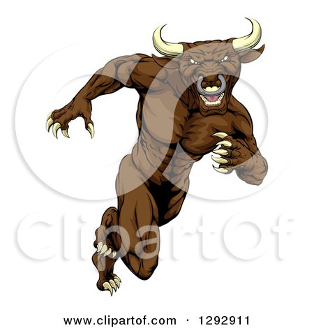 Clipart of a Muscular Aggressive Brown Bull Man Mascot Sprinting Upright - Royalty Free Vector Illustration by AtStockIllustration