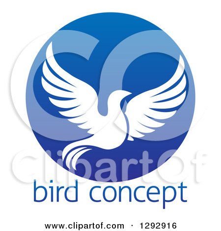 Clipart of a Silhouetted White Dove Flying in a Blue Circle over Sample Text - Royalty Free Vector Illustration by AtStockIllustration