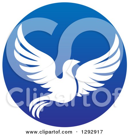 Clipart of a Silhouetted White Dove Flying in a Blue Circle - Royalty Free Vector Illustration by AtStockIllustration