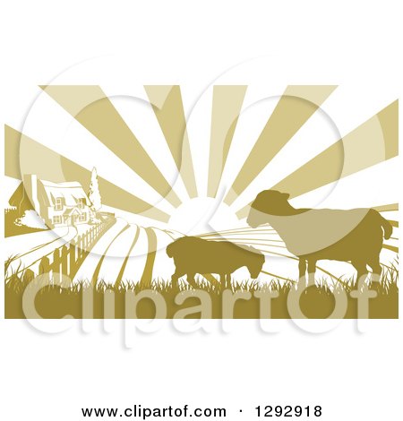 Clipart of a Sunrise over a Brown Silhouetted Farm House with Two Sheep and Fields - Royalty Free Vector Illustration by AtStockIllustration