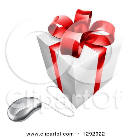 Clipart of a 3d White and Red Gift Box Wired to a Computer Mouse - Royalty Free Vector Illustration by AtStockIllustration