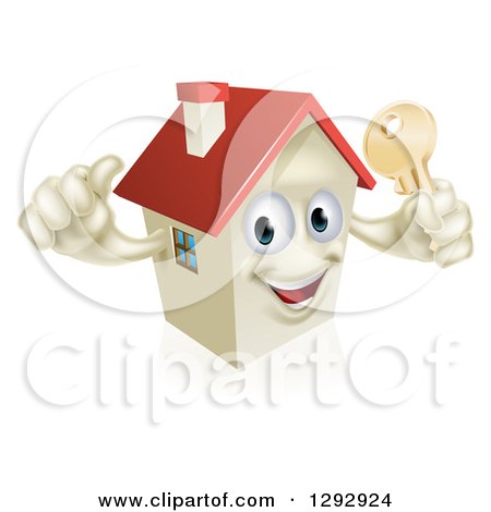 Clipart of a Happy House Character Holding a Thumb up and a Gold Key - Royalty Free Vector Illustration by AtStockIllustration