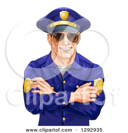 Clipart of a Happy Caucasian Male Police Officer with Folded Arms, Wearing Sunglasses and Smiling - Royalty Free Vector Illustration by AtStockIllustration