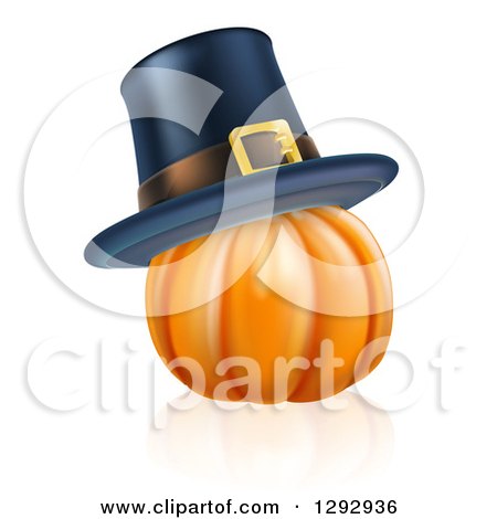 Clipart of a 3d Plump Thanksgiving Pumpkin with a Pilgrim Hat and Reflection - Royalty Free Vector Illustration by AtStockIllustration
