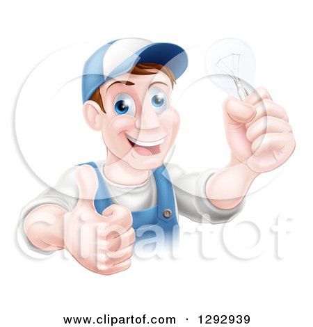 Clipart of a Happy Brunette Middle Aged White Male Electrician Giving a Thumb up and Holding a Light Bulb - Royalty Free Vector Illustration by AtStockIllustration