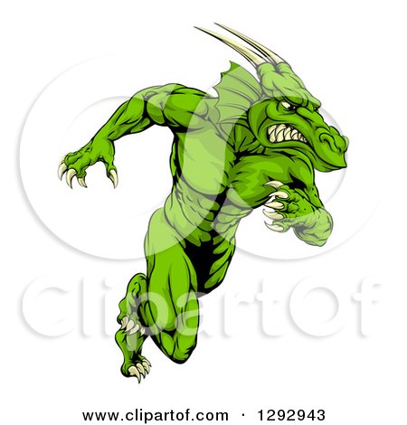 Clipart of a Muscular Aggressive Green Dragon Man Mascot Sprinting Upright - Royalty Free Vector Illustration by AtStockIllustration
