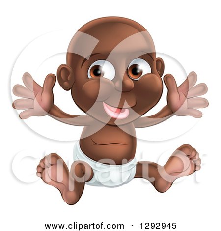 Clipart of a Happy Black Baby Boy in a Diaper, Holding His Arms up - Royalty Free Vector Illustration by AtStockIllustration