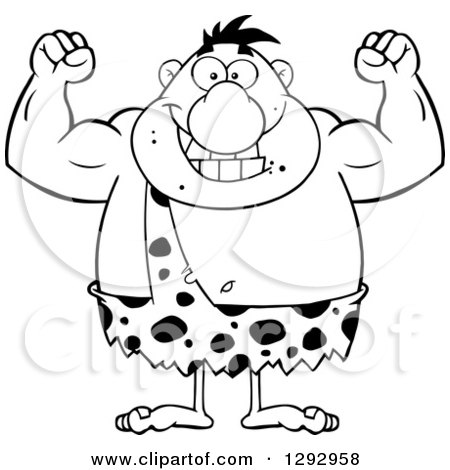 Clipart of a Cartoon Black and White Happy Chubby Male Caveman Flexing His Muscles - Royalty Free Vector Illustration by Hit Toon