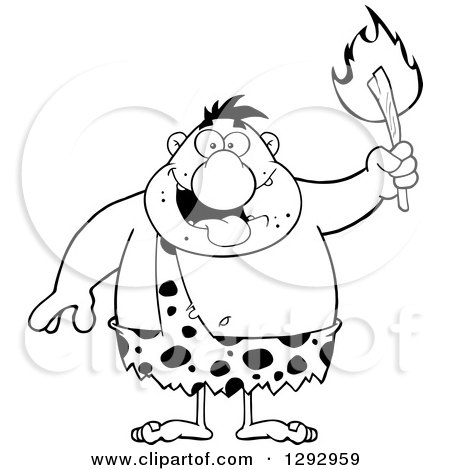 Clipart of a Cartoon Black and White Chubby Male Caveman Holding up a Torch - Royalty Free Vector Illustration by Hit Toon