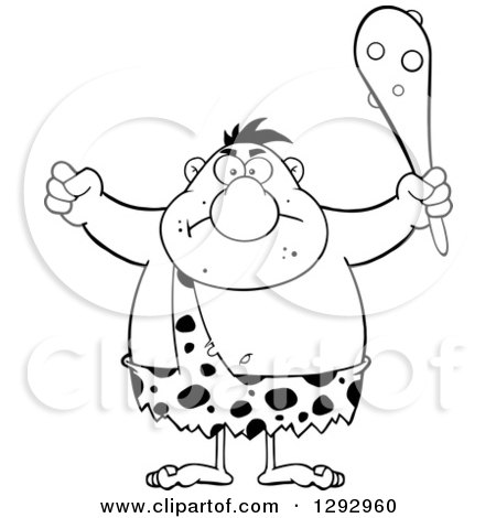 Clipart of a Cartoon Black and White Mad Chubby Male Caveman Holding up a Fist and a Club - Royalty Free Vector Illustration by Hit Toon