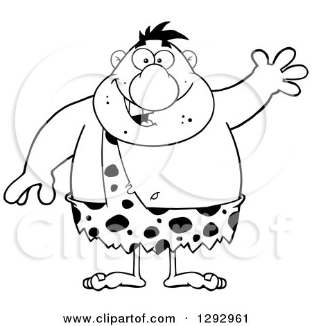 Clipart of a Cartoon Black and White Happy Chubby Male Caveman Waving - Royalty Free Vector Illustration by Hit Toon