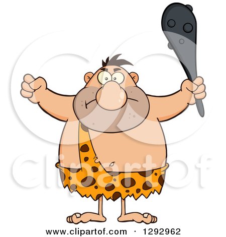 Clipart of a Cartoon Mad Chubby Male Caveman Holding up a Fist and a Club - Royalty Free Vector Illustration by Hit Toon