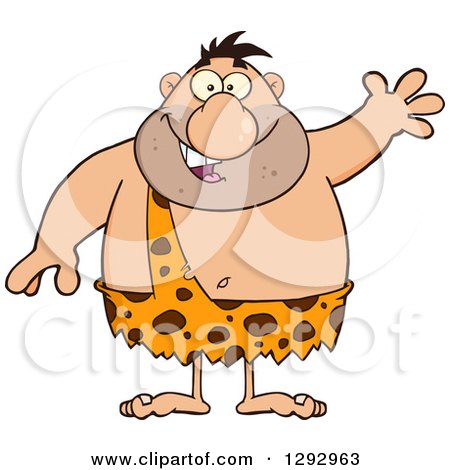 Clipart of a Cartoon Happy Chubby Male Caveman Waving - Royalty Free Vector Illustration by Hit Toon