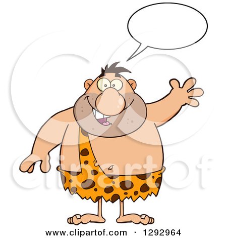 Clipart of a Cartoon Happy Chubby Male Caveman Talking and Waving - Royalty Free Vector Illustration by Hit Toon
