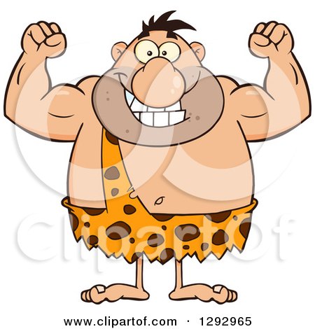 Clipart of a Cartoon Happy Chubby Male Caveman Flexing His Muscles - Royalty Free Vector Illustration by Hit Toon