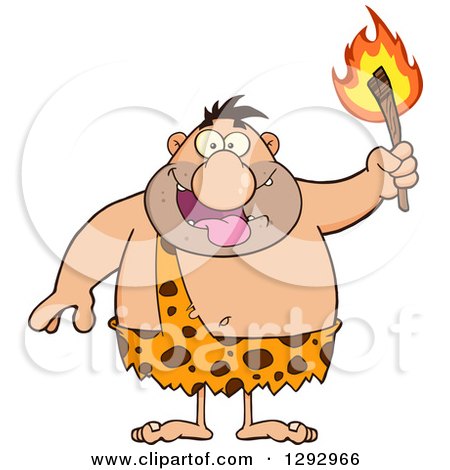 Clipart of a Cartoon Chubby Male Caveman Holding up a Torch - Royalty Free Vector Illustration by Hit Toon