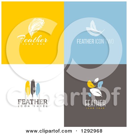 Clipart of Flat Design Feather Logo Icons with Sample Text on Colorful Tiles - Royalty Free Vector Illustration by elena