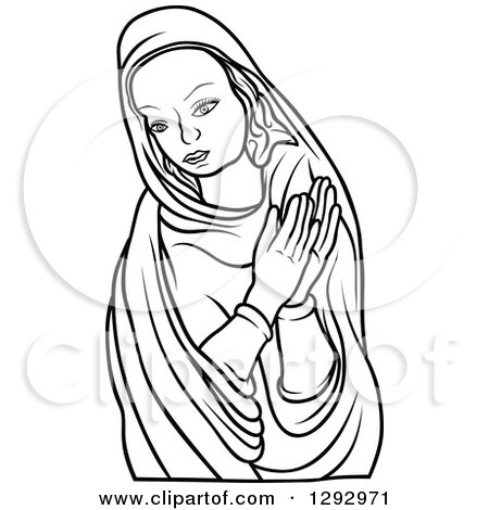 Clipart of a Black and White Praying Virgin Mary 4 - Royalty Free Vector Illustration by dero