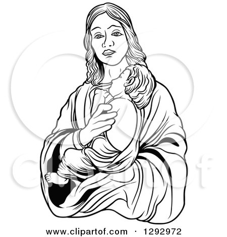 Clipart of a Black and White Virgin Mary Holding Baby Jesus - Royalty Free Vector Illustration by dero