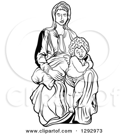 Clipart of a Black and White Virgin Mary with an Angel or Baby Jesus - Royalty Free Vector Illustration by dero
