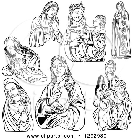 Clipart of a Black and White Praying Virgin Mary - Royalty Free Vector Illustration by dero