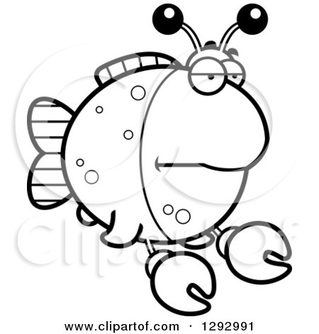 Lineart Clipart of a Black and White Cartoon Bored Imitation Crab Fish - Royalty Free Outline Vector Illustration by Cory Thoman