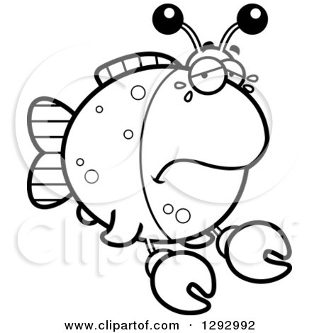 Lineart Clipart of a Black and White Cartoon Sad Crying Imitation Crab Fish - Royalty Free Outline Vector Illustration by Cory Thoman