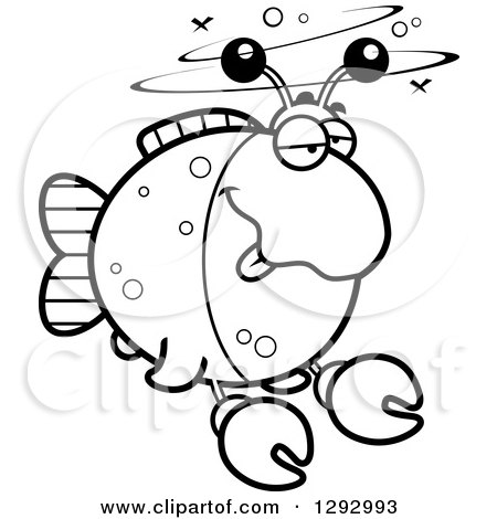 Lineart Clipart of a Black and White Cartoon Drunk Imitation Crab Fish - Royalty Free Outline Vector Illustration by Cory Thoman