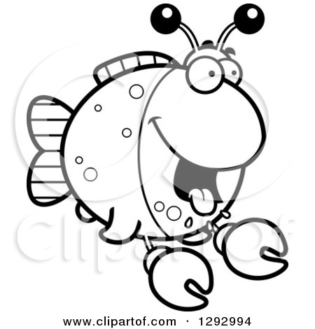 Lineart Clipart of a Black and White Cartoon Hungry Imitation Crab Fish - Royalty Free Outline Vector Illustration by Cory Thoman