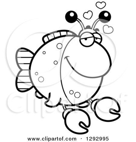 Lineart Clipart of a Black and White Cartoon Infatuated Imitation Crab Fish with Love Hearts - Royalty Free Outline Vector Illustration by Cory Thoman
