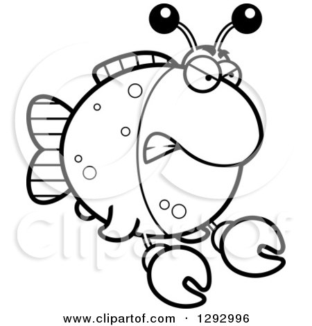 Lineart Clipart of a Black and White Cartoon Angry Imitation Crab Fish - Royalty Free Outline Vector Illustration by Cory Thoman