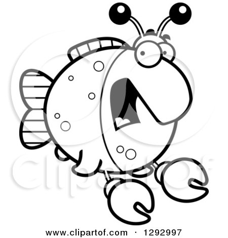 Lineart Clipart of a Black and White Cartoon Scared Screaming Imitation Crab Fish - Royalty Free Outline Vector Illustration by Cory Thoman