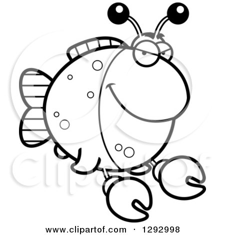 Lineart Clipart of a Black and White Cartoon Sly Imitation Crab Fish - Royalty Free Outline Vector Illustration by Cory Thoman