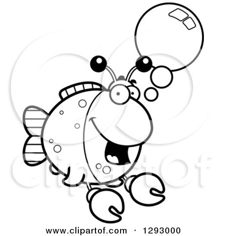 Lineart Clipart of a Black and White Cartoon Happy Imitation Crab Fish Talking - Royalty Free Outline Vector Illustration by Cory Thoman