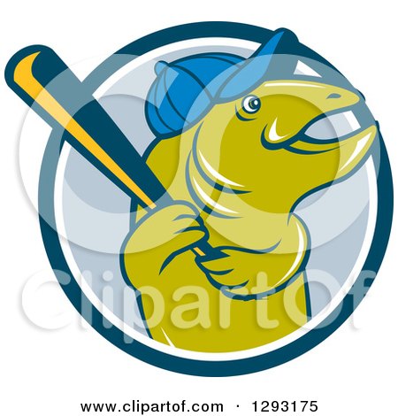 Clipart of a Happy Cartoon Trout Fish with a Baseball Bat and Cap, Emerging from a Blue and White Circle - Royalty Free Vector Illustration by patrimonio