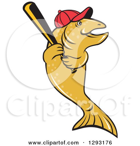 Clipart of a Happy Cartoon Trout Fish with a Baseball Bat and Cap - Royalty Free Vector Illustration by patrimonio