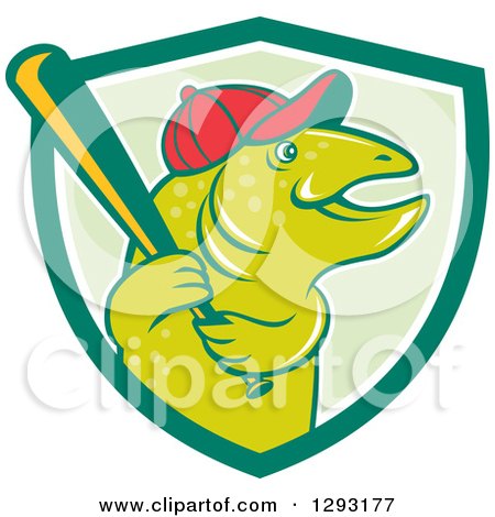 Clipart of a Happy Cartoon Trout Fish with a Baseball Bat and Cap, Emerging from a Green and White Shield - Royalty Free Vector Illustration by patrimonio
