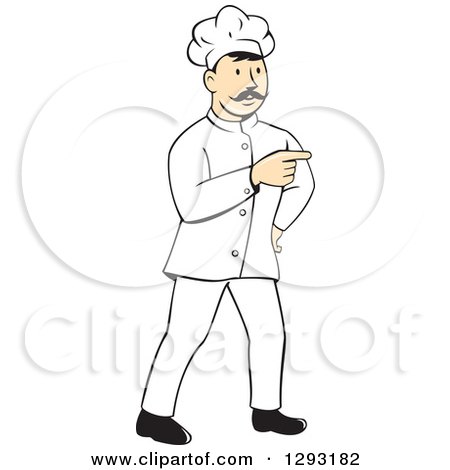 Clipart of a Retro Cartoon White Male Head Chef with a Mustache, Pointing - Royalty Free Vector Illustration by patrimonio