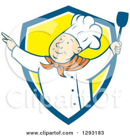 Clipart of a Retro Cartoon Happy White Male Chef Dancing with a Spatula in a Blue White and Yellow Shield - Royalty Free Vector Illustration by patrimonio