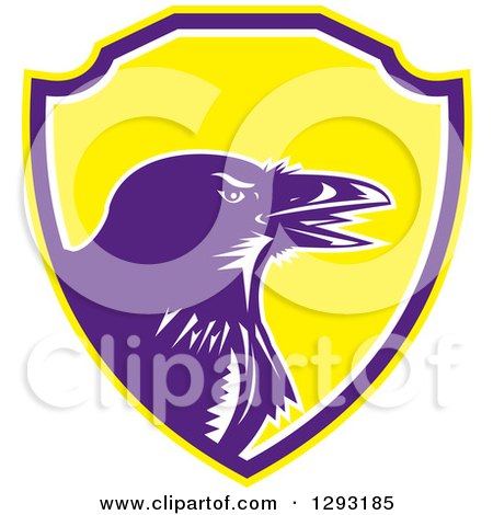 Clipart of a Retro Woodcut Raven Crow in a Yellow Purple and White Shield - Royalty Free Vector Illustration by patrimonio