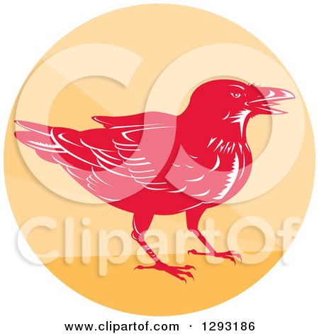 Clipart of a Retro Woodcut Raven Crow in an Orange Circle - Royalty Free Vector Illustration by patrimonio