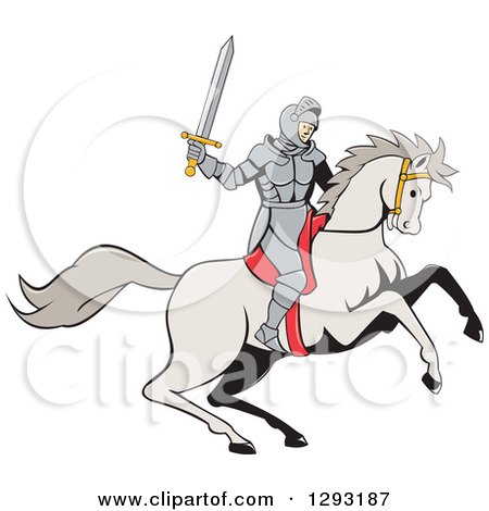 Clipart of a Cartoon Horseback Knight Wielding a Sword - Royalty Free Vector Illustration by patrimonio