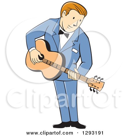 Clipart of a Retro Cartoon White Male Musician Playing a Guitar and Wearing a Blue Suit - Royalty Free Vector Illustration by patrimonio
